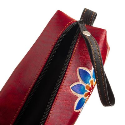 Alternate image for Leather Makeup Case with Floral Motif Hand-Painted in Peru Floral Red