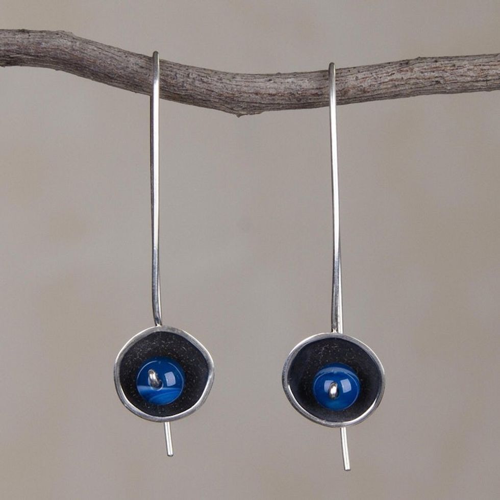Blue Agate and Sterling Silver Drop Earrings from Peru 'Wondrous Galaxy in Blue'