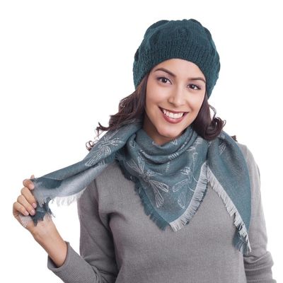 Alternate image for Baby Alpaca and Silk Blend Teal Dragonfly Reversible Scarf Dragonfly in Teal