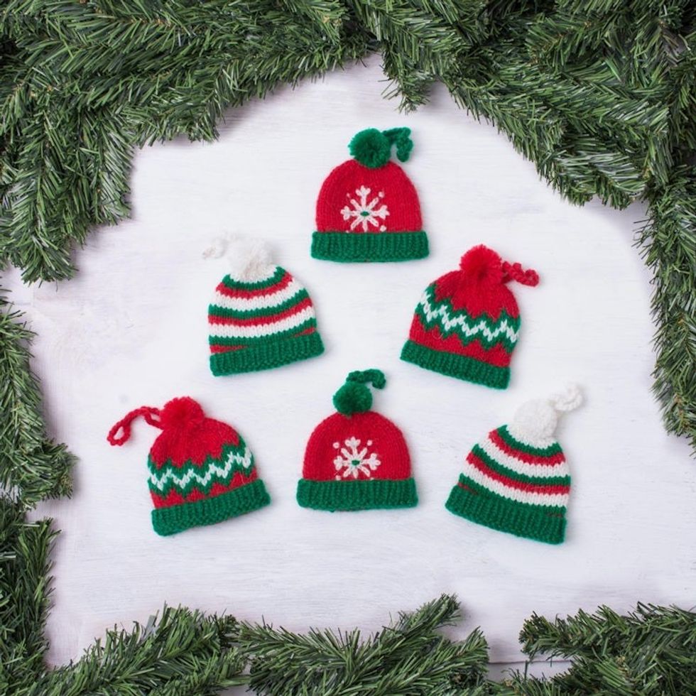 Hand-Crocheted Christmas-Themed Ornaments Set of 6 'Sweet Christmas Hats'