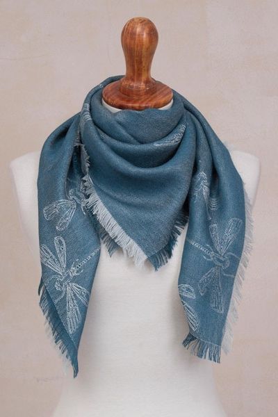 Alternate image for Baby Alpaca and Silk Blend Teal Dragonfly Reversible Scarf Dragonfly in Teal