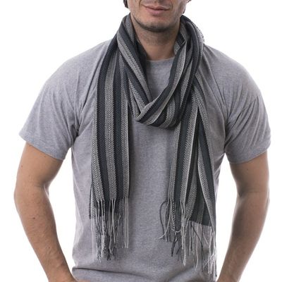 Alternate image for Alpaca Blend Mens Scarf in Pearl Grey and Black from Peru Dark Style