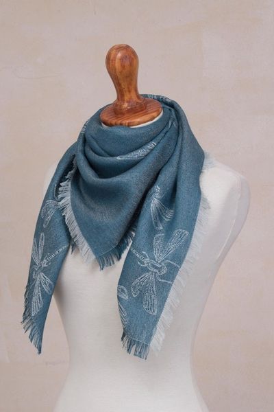 Alternate image for Baby Alpaca and Silk Blend Teal Dragonfly Reversible Scarf Dragonfly in Teal