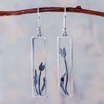 Alternate image for Modern Artisan Crafted Framed Tulip Silver Earrings Tulip in the Window