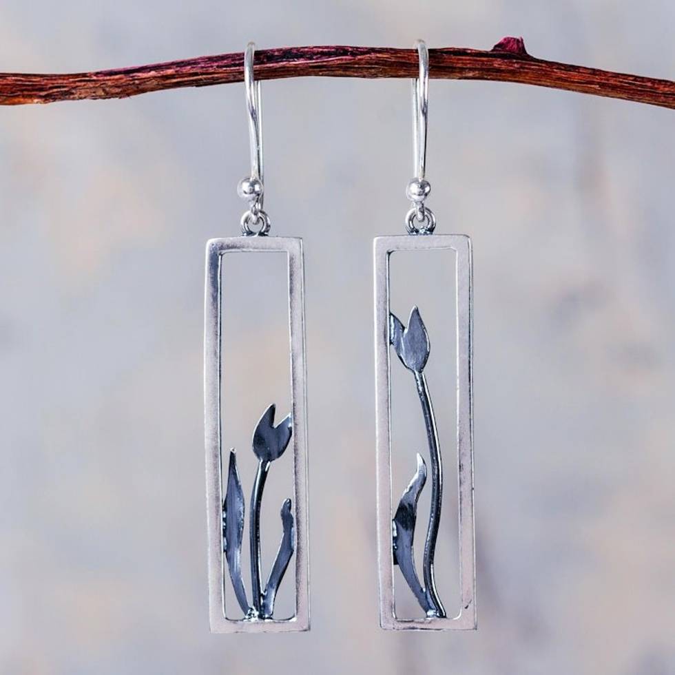 Modern Artisan Crafted Framed Tulip Silver Earrings 'Tulip in the Window'