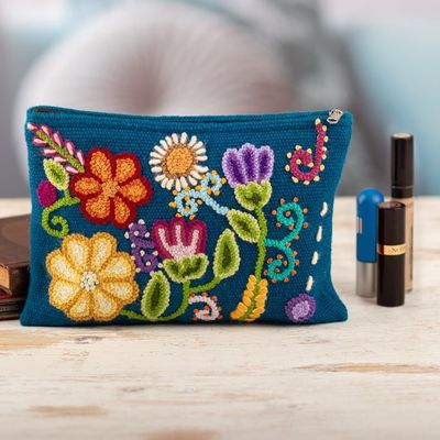 Alternate image for Hand-Woven and Hand-Embroidered Wool Floral Cosmetic Bag Andean Spring