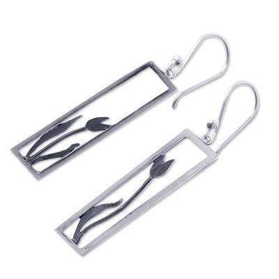 Alternate image for Modern Artisan Crafted Framed Tulip Silver Earrings Tulip in the Window