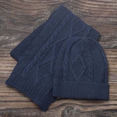 Alternate image for Knitted Unisex Watch Cap in Azure 100 Alpaca from Peru Antique Blue Allure