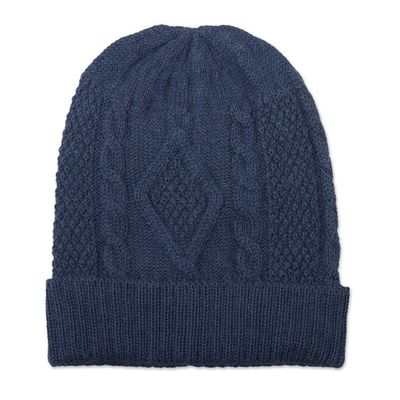 Alternate image for Knitted Unisex Watch Cap in Azure 100 Alpaca from Peru Antique Blue Allure