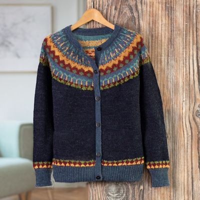 Alternate image for 100 Alpaca Yoke Cardigan Sweater with Buttons From Peru Blue Andean Nordic