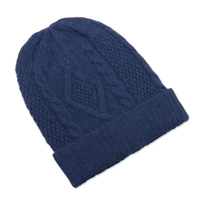 Alternate image for Knitted Unisex Watch Cap in Azure 100 Alpaca from Peru Antique Blue Allure