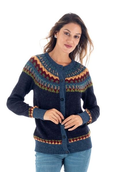 Alternate image for 100 Alpaca Yoke Cardigan Sweater with Buttons From Peru Blue Andean Nordic