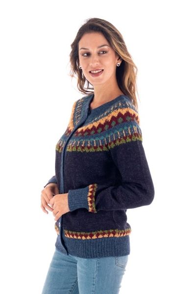 Alternate image for 100 Alpaca Yoke Cardigan Sweater with Buttons From Peru Blue Andean Nordic