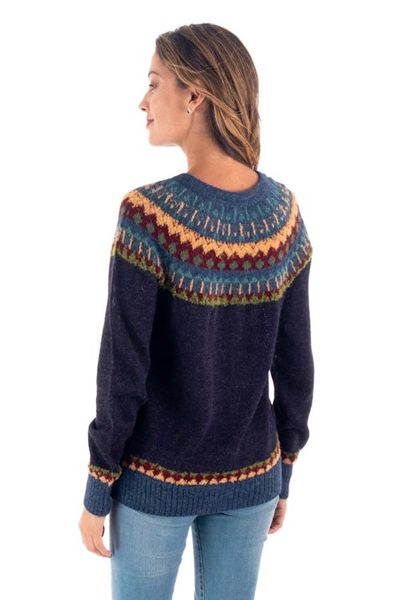 Alternate image for 100 Alpaca Yoke Cardigan Sweater with Buttons From Peru Blue Andean Nordic