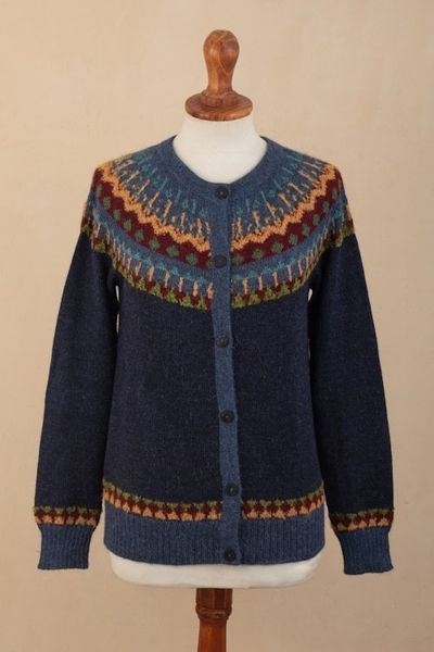 Alternate image for 100 Alpaca Yoke Cardigan Sweater with Buttons From Peru Blue Andean Nordic