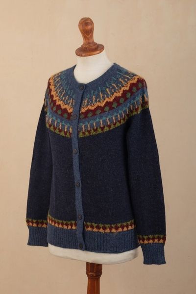 Alternate image for 100 Alpaca Yoke Cardigan Sweater with Buttons From Peru Blue Andean Nordic