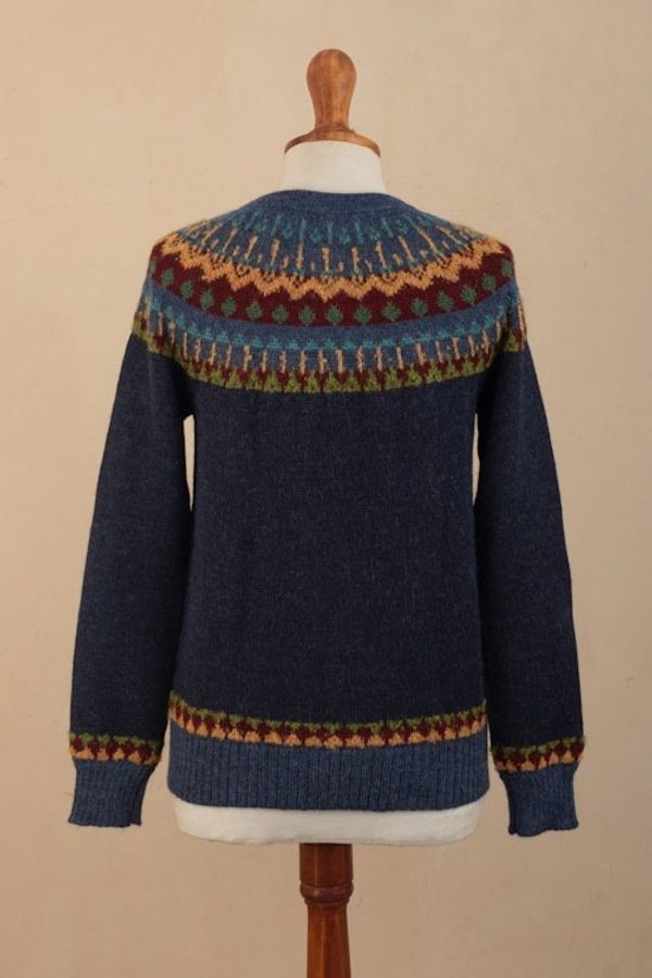 Alternate image for 100 Alpaca Yoke Cardigan Sweater with Buttons From Peru Blue Andean Nordic