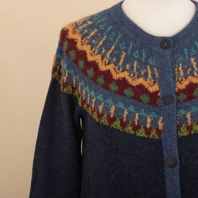Alternate image for 100 Alpaca Yoke Cardigan Sweater with Buttons From Peru Blue Andean Nordic