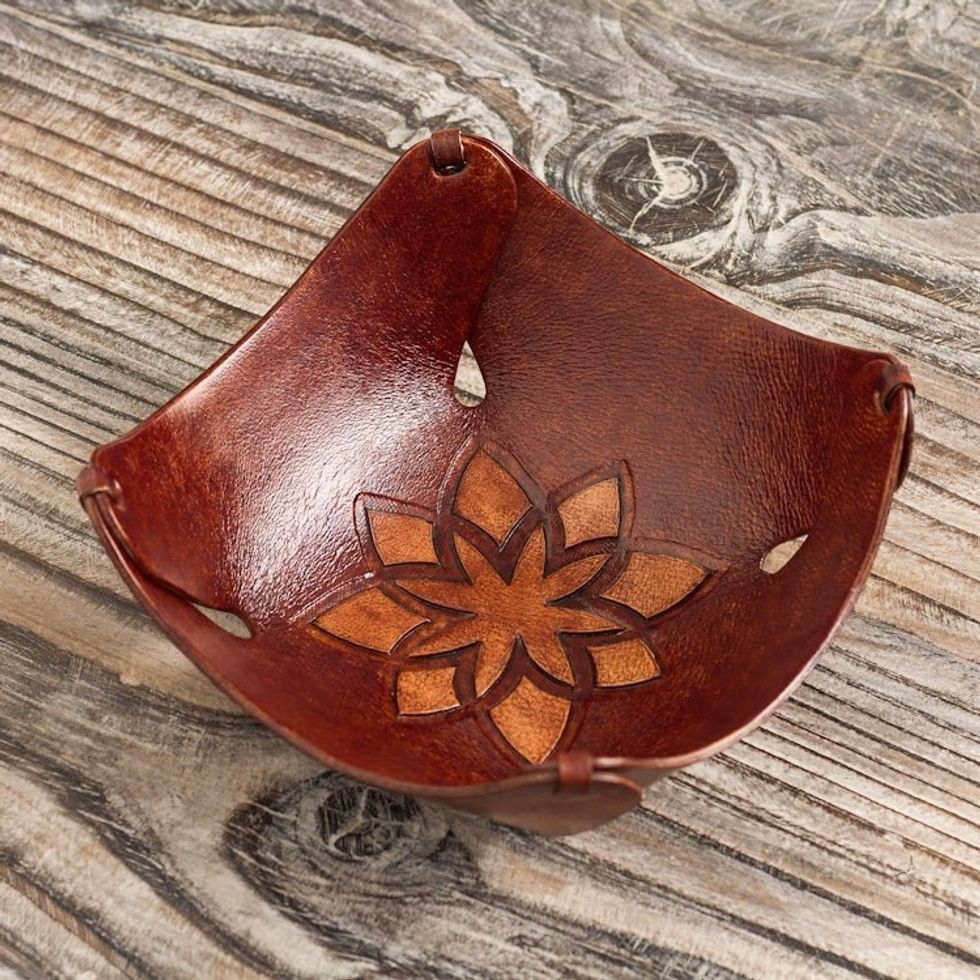 Andean Floral Hand Tooled Leather Catchall in Dark Brown 'Gothic Star'