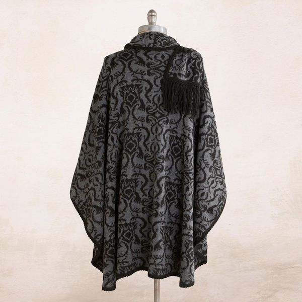 Alternate image for Alpaca Blend Grey and Black Ruana with Scarf Peruvian Wildflower in Grey