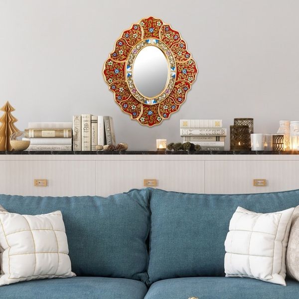 Alternate image for Unique Red and Gold Reverse Painted Glass Wall Mirror Floral Crimson