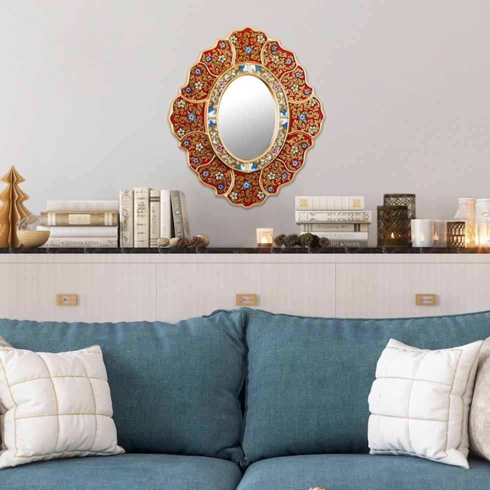 Unique Red and Gold Reverse Painted Glass Wall Mirror 'Floral Crimson'