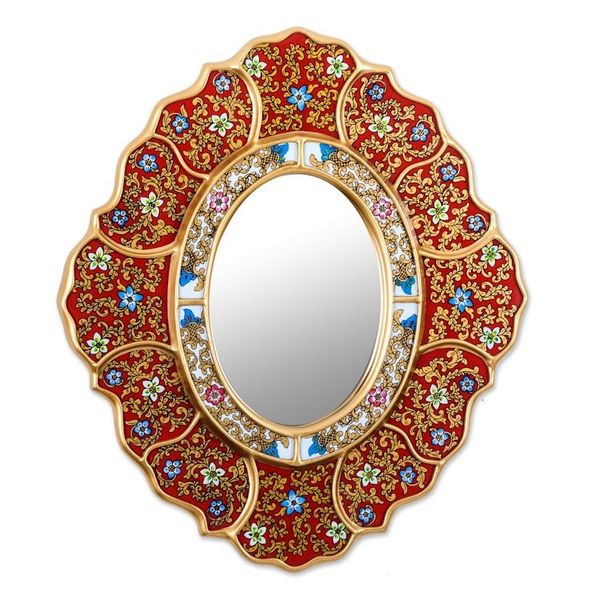 Alternate image for Unique Red and Gold Reverse Painted Glass Wall Mirror Floral Crimson