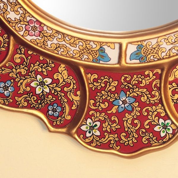 Alternate image for Unique Red and Gold Reverse Painted Glass Wall Mirror Floral Crimson