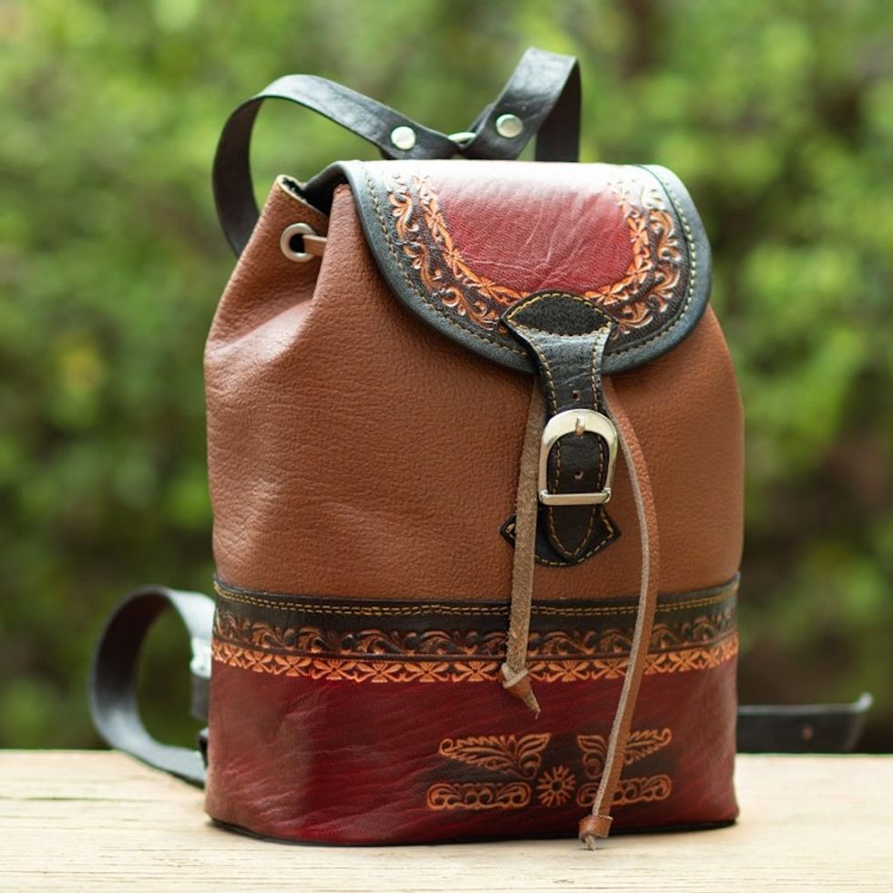 Handmade Leather Backpack with Traditional Embossed Motifs 'Andean Traditions'