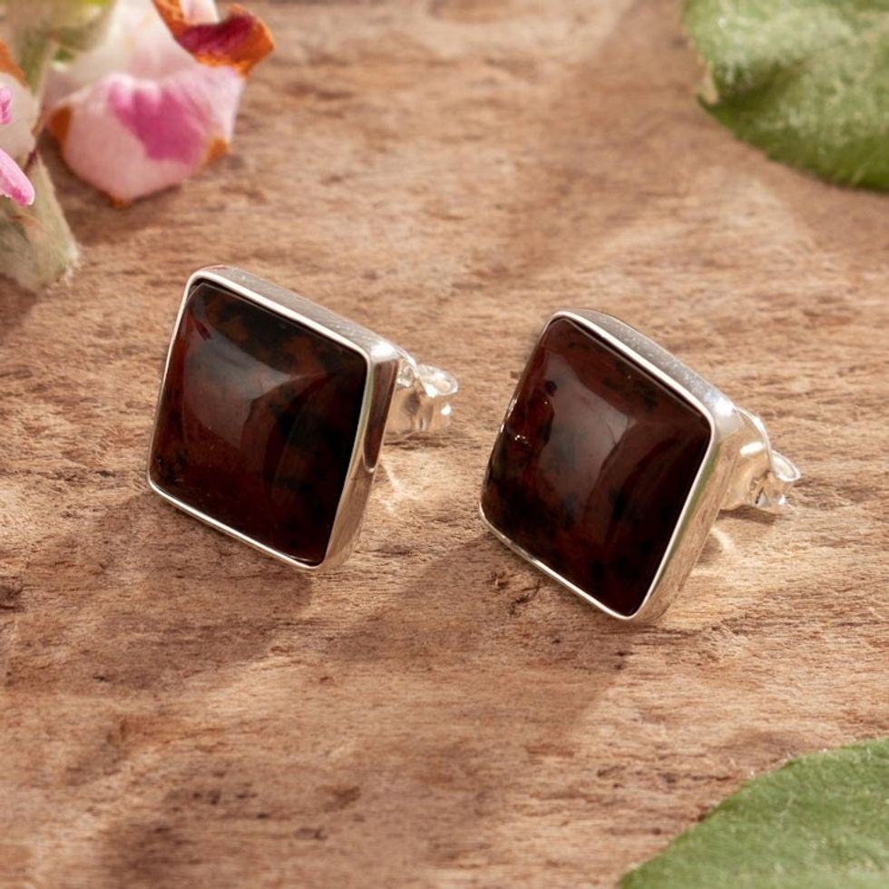 Mahogany Obsidian Sterling Silver Stud Earrings From Peru 'Chocolate Bites'