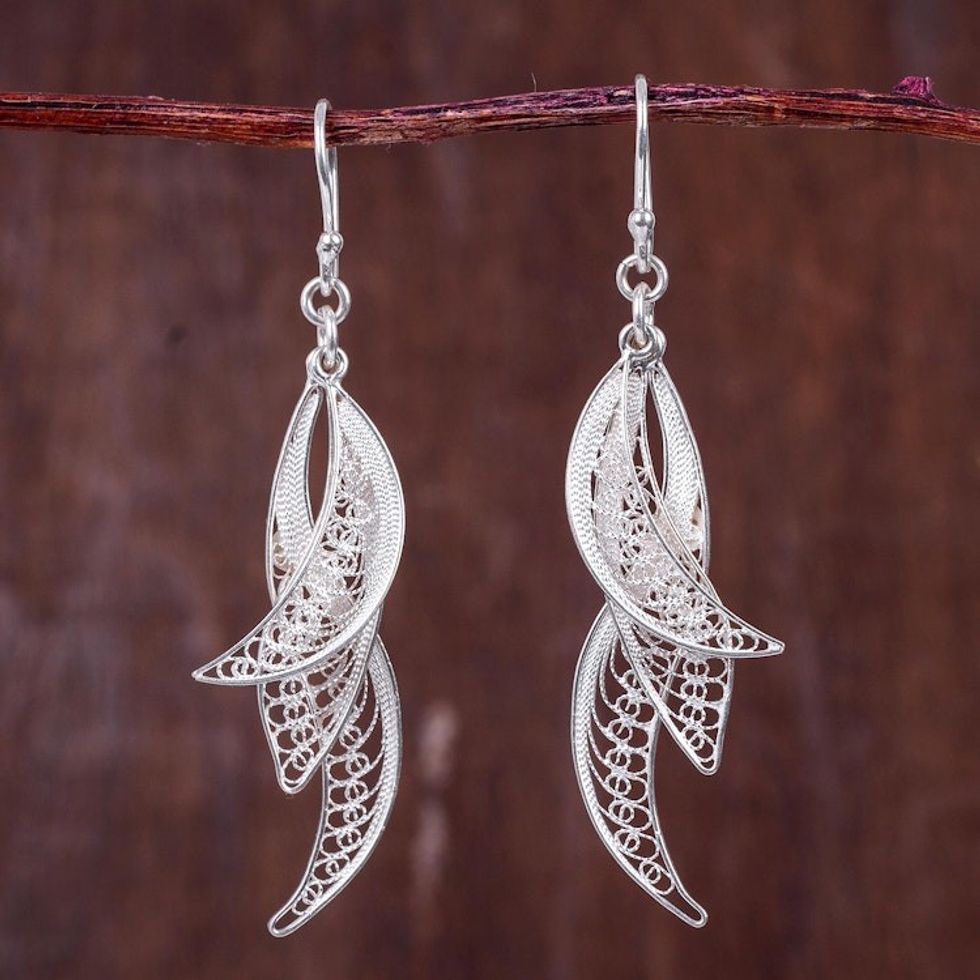 Filigree Leaves in Hand Crafted Sterling Silver Earrings 'Windswept'