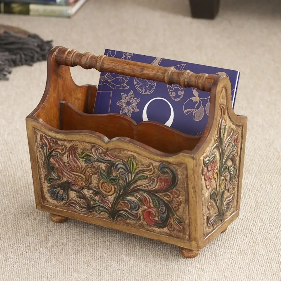 Hand Tooled Leather and Mohena Wood Magazine Rack 'Songbirds'