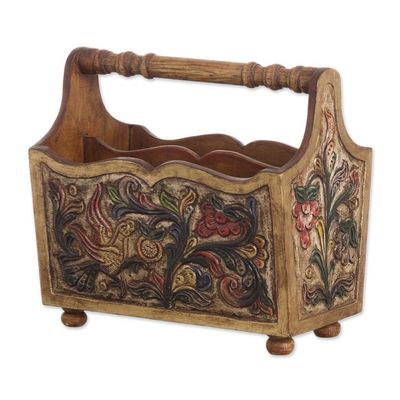 Alternate image for Hand Tooled Leather and Mohena Wood Magazine Rack Songbirds