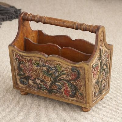 Alternate image for Hand Tooled Leather and Mohena Wood Magazine Rack Songbirds