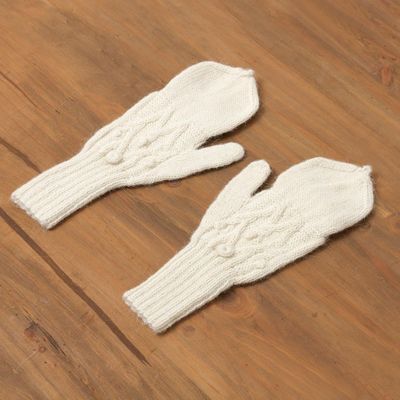 Alternate image for Diamond Pattern 100 Alpaca Mittens in Alabaster from Peru Diamond Elegance in Alabaster
