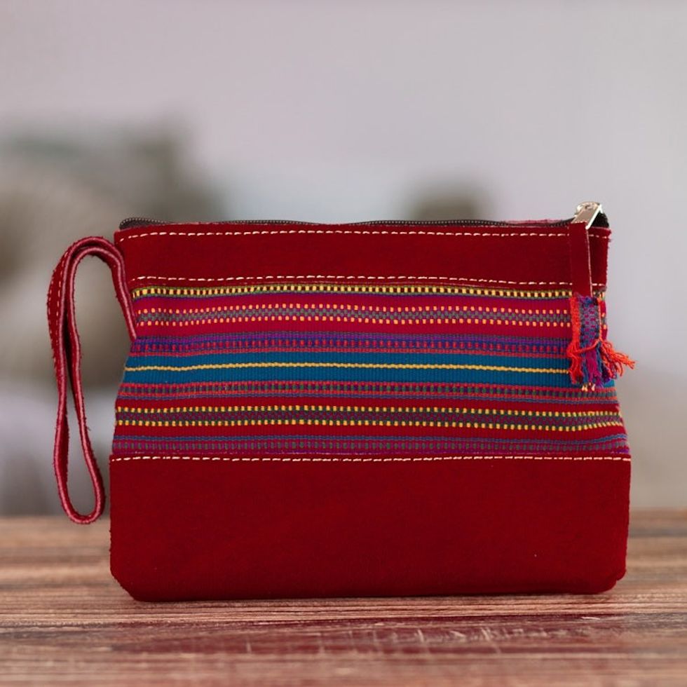 Red Suede Wristlet Bag with Hand-Woven Andean Motif 'Sunset in The Andes'