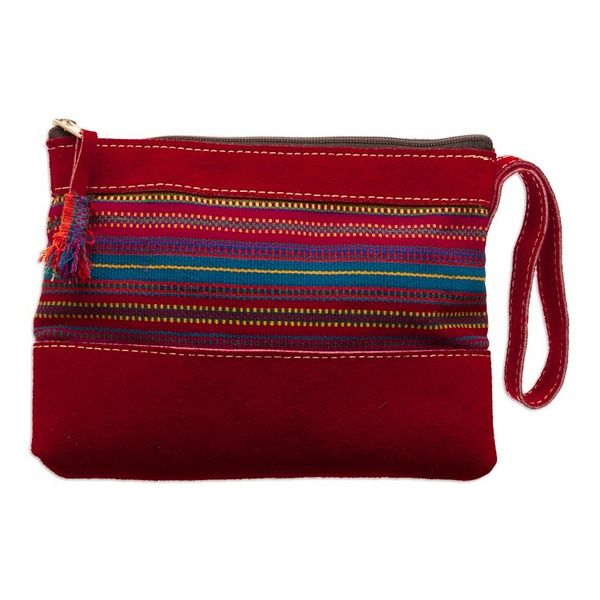 Alternate image for Red Suede Wristlet Bag with Hand-Woven Andean Motif Sunset in The Andes