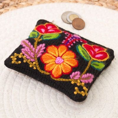 Alternate image for Floral Embroidered Wool Coin Purse in Black from Peru Exceptional Garden