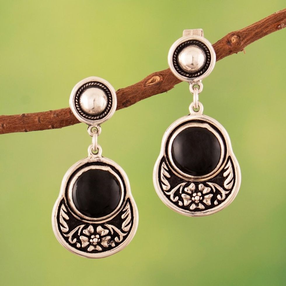 Onyx 950 Silver Dangle Earrings with Floral and Leaf Motif 'Nocturnal Luxury'