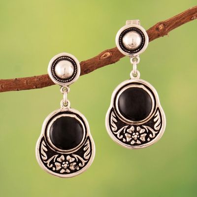 Alternate image for Onyx 950 Silver Dangle Earrings with Floral and Leaf Motif Nocturnal Luxury