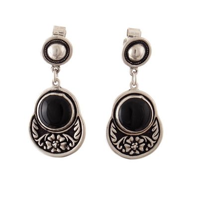 Alternate image for Onyx 950 Silver Dangle Earrings with Floral and Leaf Motif Nocturnal Luxury