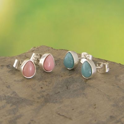 Alternate image for Sterling Silver Stud Earrings with Opal and Amazonite Pair Santa Ana Tears