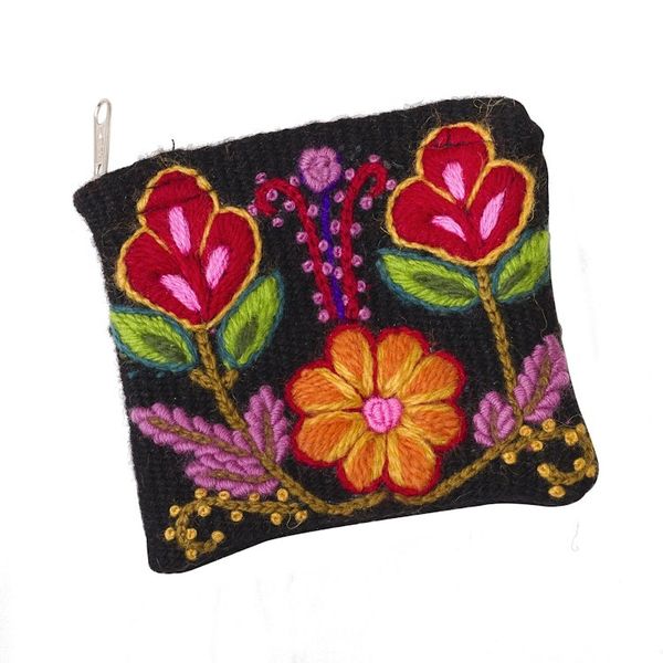 Alternate image for Floral Embroidered Wool Coin Purse in Black from Peru Exceptional Garden