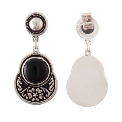 Alternate image for Onyx 950 Silver Dangle Earrings with Floral and Leaf Motif Nocturnal Luxury