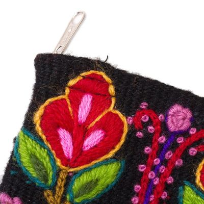 Alternate image for Floral Embroidered Wool Coin Purse in Black from Peru Exceptional Garden
