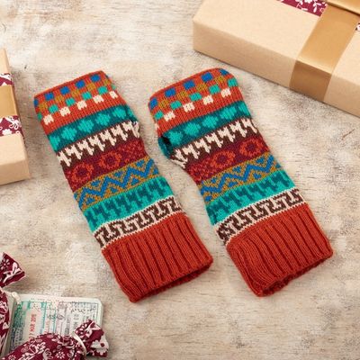 Alternate image for Hand-Knit Patterned Alpaca and Acrylic Fingerless Mitts Dreamy Andes