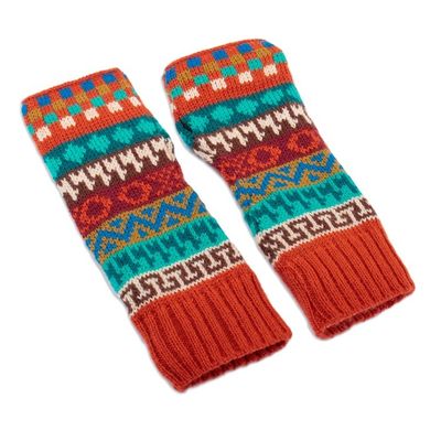 Alternate image for Hand-Knit Patterned Alpaca and Acrylic Fingerless Mitts Dreamy Andes