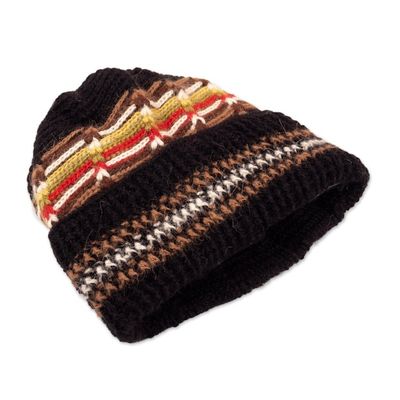 Alternate image for Mens Hat Black 100 Alpaca Crocheted by Hand Yellow Accents Night Beacon