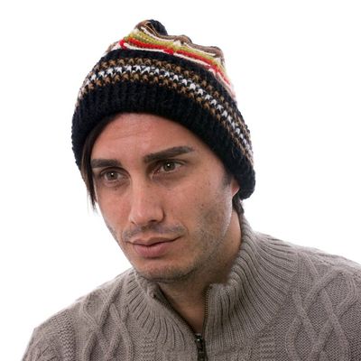 Alternate image for Mens Hat Black 100 Alpaca Crocheted by Hand Yellow Accents Night Beacon
