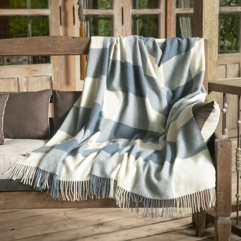 100 Baby Alpaca Throw in Azure from Peru 'Comfy Checks in Azure'